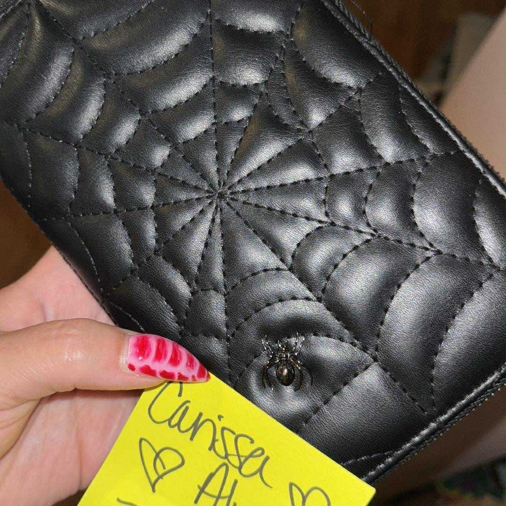 Black Quilted Wallet with Spider Web Design